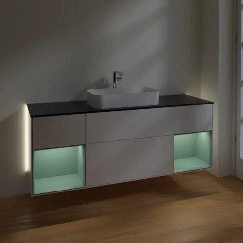 Bild von VILLEROY BOCH Finion Waschbeckenunterschrank, mit Beleuchtung, 4 Auszüge, 1600 x 603 x 501 mm, Glossy White Lacquer / Olive Matt Lacquer / Glass Black Matt #G332GMGF