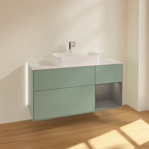 Bild von VILLEROY BOCH Finion Waschbeckenunterschrank, mit Beleuchtung, 3 Auszüge, 1200 x 603 x 501 mm, Olive Matt Lacquer / Anthracite Matt Lacquer / Glass White Matt #G301GKGM