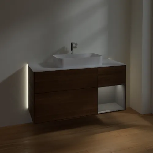 Bild von VILLEROY BOCH Finion Waschbeckenunterschrank, mit Beleuchtung, 3 Auszüge, 1200 x 603 x 501 mm, Walnut Veneer / Anthracite Matt Lacquer / Glass White Matt #G301GKGN