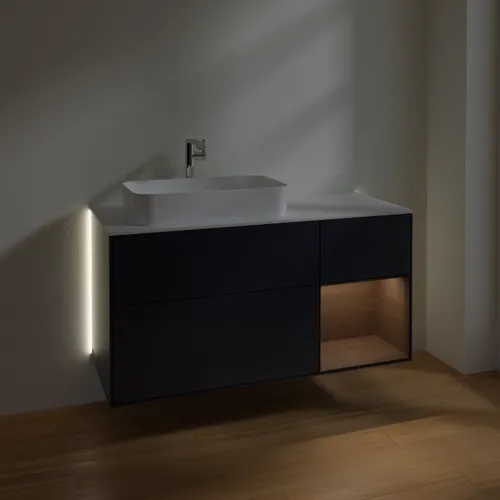 Bild von VILLEROY BOCH Finion Waschbeckenunterschrank, mit Beleuchtung, 3 Auszüge, 1200 x 603 x 501 mm, Midnight Blue Matt Lacquer / Walnut Veneer / Glass White Matt #G281GNHG