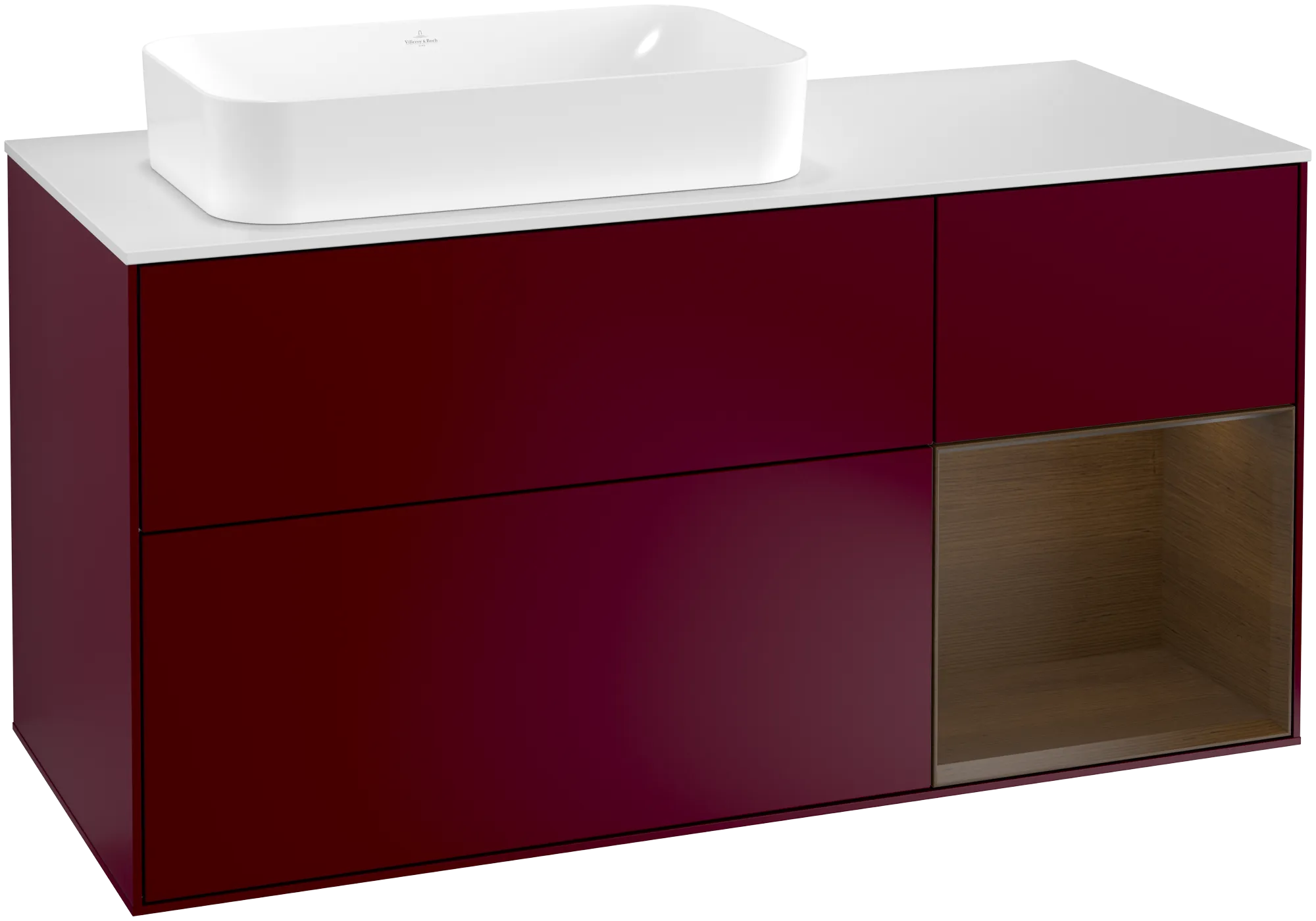 Picture of VILLEROY BOCH Finion Vanity unit, with lighting, 3 pull-out compartments, 1200 x 603 x 501 mm, Peony Matt Lacquer / Walnut Veneer / Glass White Matt #G281GNHB