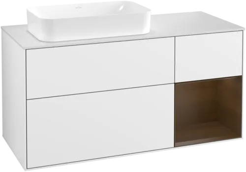 Picture of VILLEROY BOCH Finion Vanity unit, with lighting, 3 pull-out compartments, 1200 x 603 x 501 mm, Glossy White Lacquer / Walnut Veneer / Glass White Matt #G281GNGF