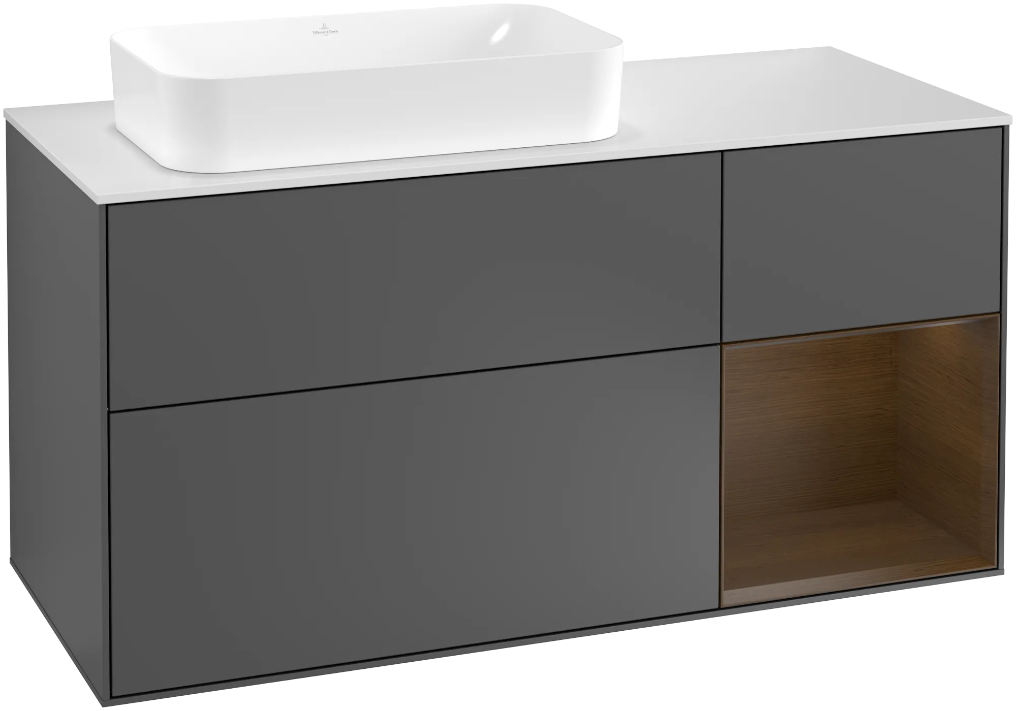 Picture of VILLEROY BOCH Finion Vanity unit, with lighting, 3 pull-out compartments, 1200 x 603 x 501 mm, Anthracite Matt Lacquer / Walnut Veneer / Glass White Matt #G281GNGK