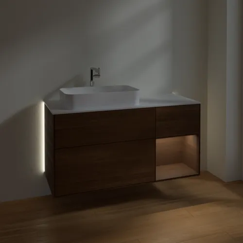 Bild von VILLEROY BOCH Finion Waschbeckenunterschrank, mit Beleuchtung, 3 Auszüge, 1200 x 603 x 501 mm, Walnut Veneer / Walnut Veneer / Glass White Matt #G281GNGN