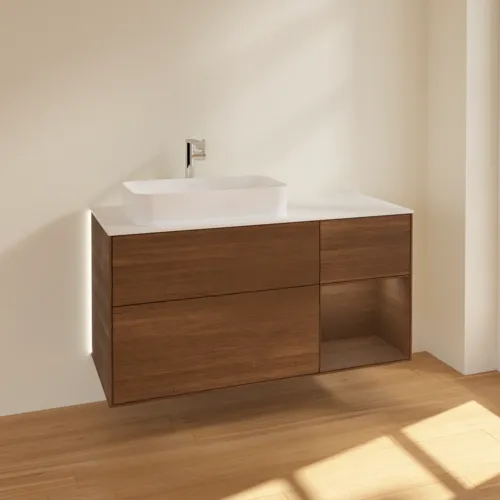 Bild von VILLEROY BOCH Finion Waschbeckenunterschrank, mit Beleuchtung, 3 Auszüge, 1200 x 603 x 501 mm, Walnut Veneer / Walnut Veneer / Glass White Matt #G281GNGN