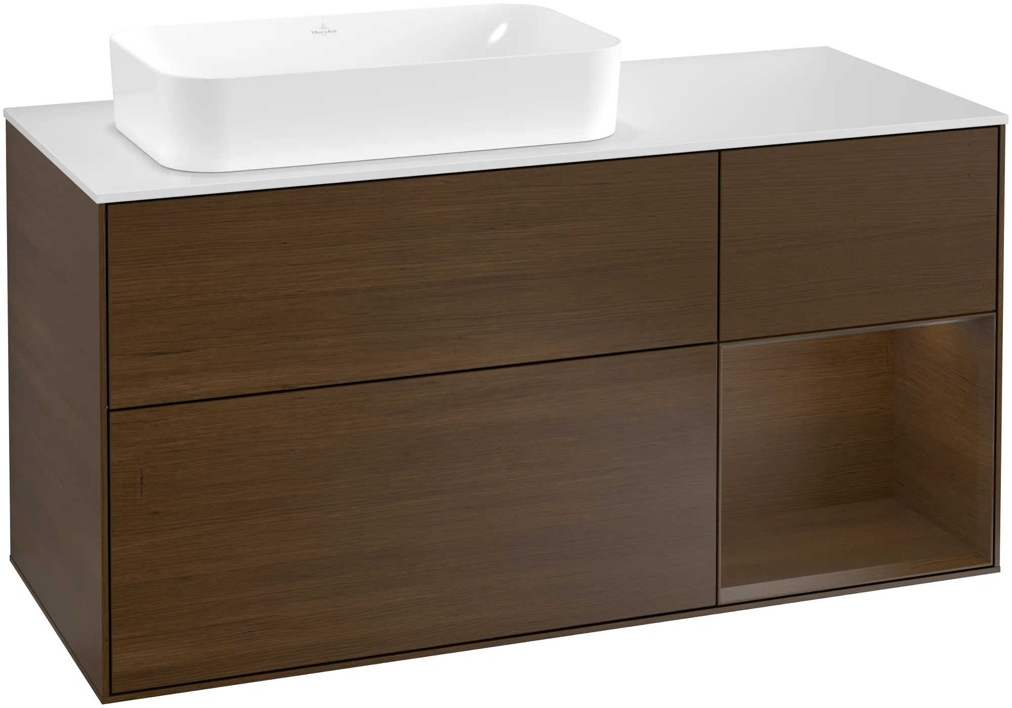 Picture of VILLEROY BOCH Finion Vanity unit, with lighting, 3 pull-out compartments, 1200 x 603 x 501 mm, Walnut Veneer / Walnut Veneer / Glass White Matt #G281GNGN