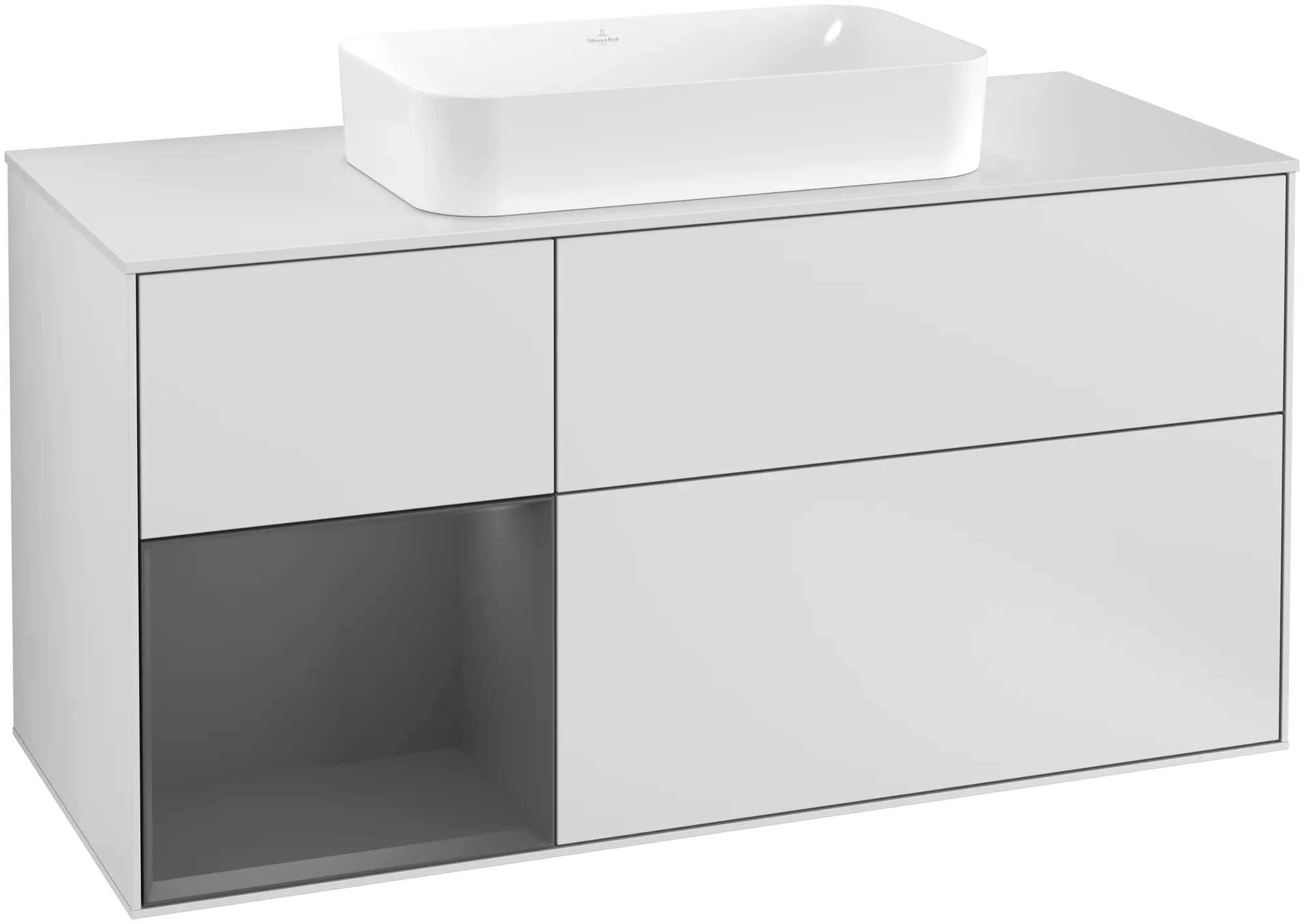 Picture of VILLEROY BOCH Finion Vanity unit, with lighting, 3 pull-out compartments, 1200 x 603 x 501 mm, White Matt Lacquer / Anthracite Matt Lacquer / Glass White Matt #G291GKMT