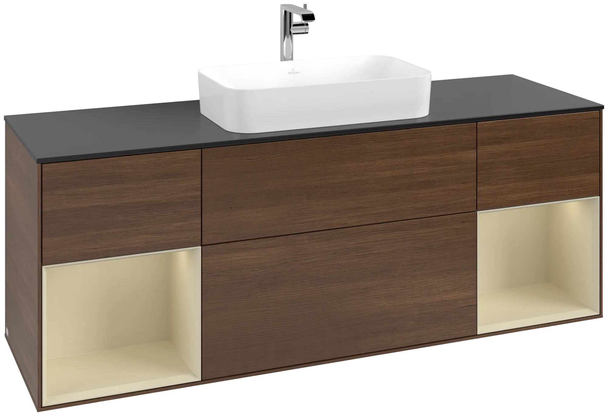 Picture of VILLEROY BOCH Finion Vanity unit, with lighting, 4 pull-out compartments, 1600 x 603 x 501 mm, Walnut Veneer / Silk Grey Matt Lacquer / Glass Black Matt #G332HJGN