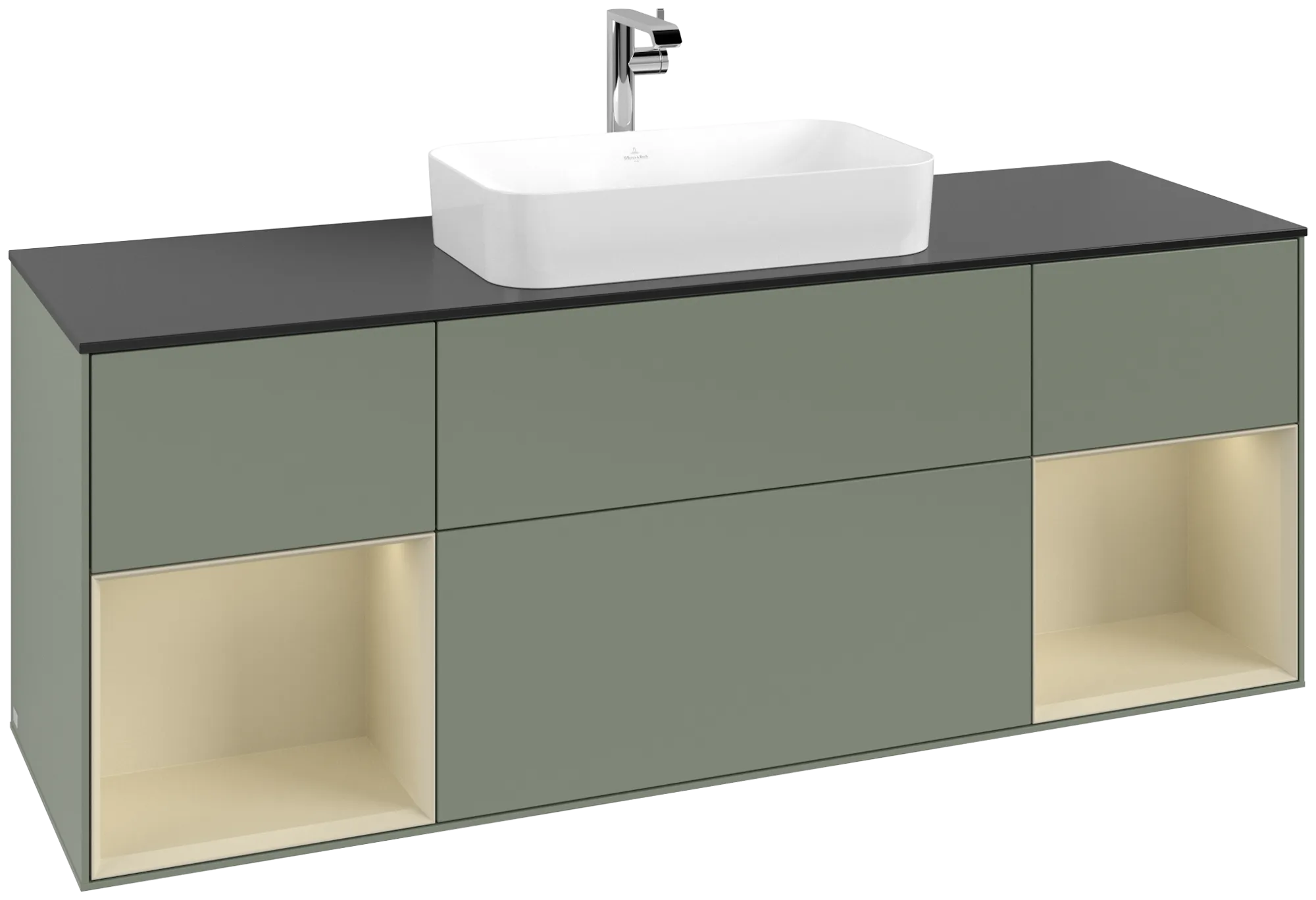 Picture of VILLEROY BOCH Finion Vanity unit, with lighting, 4 pull-out compartments, 1600 x 603 x 501 mm, Olive Matt Lacquer / Silk Grey Matt Lacquer / Glass Black Matt #G332HJGM