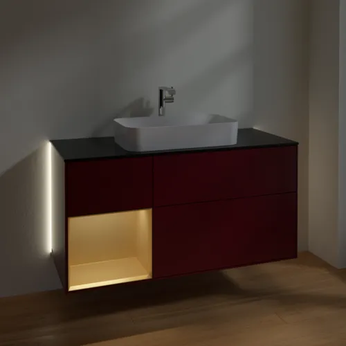 Bild von VILLEROY BOCH Finion Waschbeckenunterschrank, mit Beleuchtung, 3 Auszüge, 1200 x 603 x 501 mm, Peony Matt Lacquer / Gold Matt Lacquer / Glass Black Matt #G292HFHB