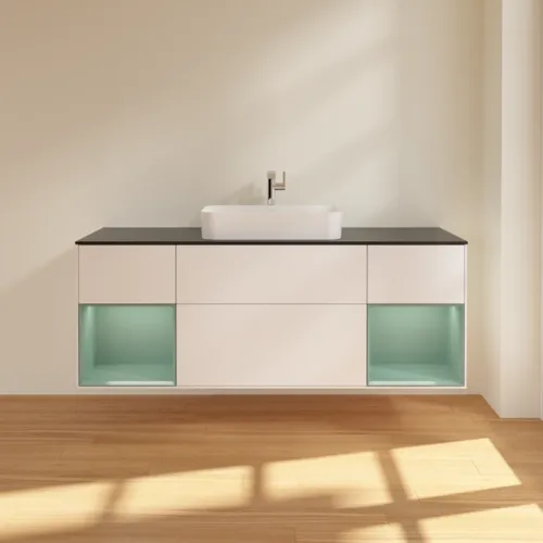Bild von VILLEROY BOCH Finion Waschbeckenunterschrank, mit Beleuchtung, 4 Auszüge, 1600 x 603 x 501 mm, White Matt Lacquer / Olive Matt Lacquer / Glass Black Matt #G332GMMT