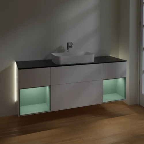 Bild von VILLEROY BOCH Finion Waschbeckenunterschrank, mit Beleuchtung, 4 Auszüge, 1600 x 603 x 501 mm, White Matt Lacquer / Olive Matt Lacquer / Glass Black Matt #G332GMMT