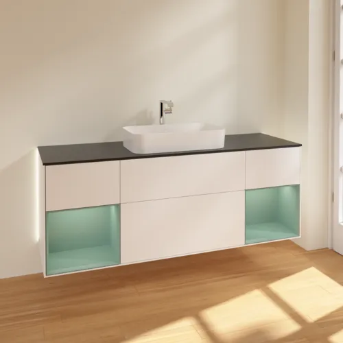 Bild von VILLEROY BOCH Finion Waschbeckenunterschrank, mit Beleuchtung, 4 Auszüge, 1600 x 603 x 501 mm, White Matt Lacquer / Olive Matt Lacquer / Glass Black Matt #G332GMMT
