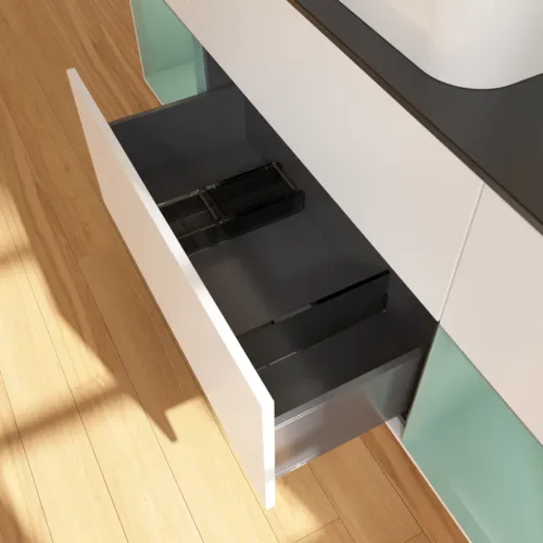 Bild von VILLEROY BOCH Finion Waschbeckenunterschrank, mit Beleuchtung, 4 Auszüge, 1600 x 603 x 501 mm, White Matt Lacquer / Olive Matt Lacquer / Glass Black Matt #G332GMMT