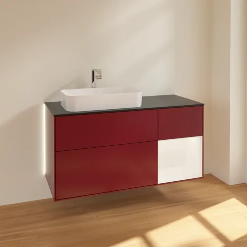 Bild von VILLEROY BOCH Finion Waschbeckenunterschrank, mit Beleuchtung, 3 Auszüge, 1200 x 603 x 501 mm, Peony Matt Lacquer / White Matt Lacquer / Glass Black Matt #G282MTHB