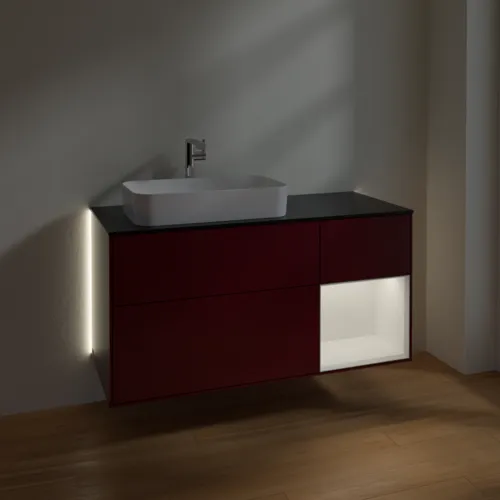 Bild von VILLEROY BOCH Finion Waschbeckenunterschrank, mit Beleuchtung, 3 Auszüge, 1200 x 603 x 501 mm, Peony Matt Lacquer / White Matt Lacquer / Glass Black Matt #G282MTHB