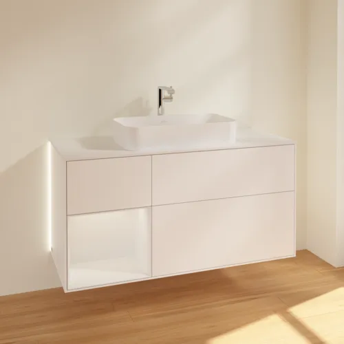 Bild von VILLEROY BOCH Finion Waschbeckenunterschrank, mit Beleuchtung, 3 Auszüge, 1200 x 603 x 501 mm, White Matt Lacquer / Glossy White Lacquer / Glass White Matt #G291GFMT