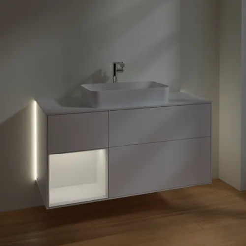 Bild von VILLEROY BOCH Finion Waschbeckenunterschrank, mit Beleuchtung, 3 Auszüge, 1200 x 603 x 501 mm, White Matt Lacquer / Glossy White Lacquer / Glass White Matt #G291GFMT