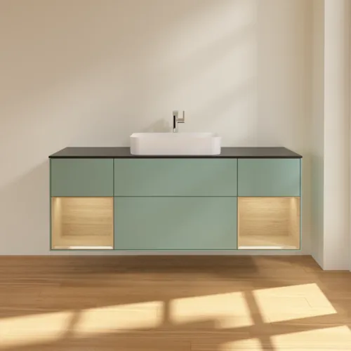VILLEROY BOCH Finion Waschbeckenunterschrank, mit Beleuchtung, 4 Auszüge, 1600 x 603 x 501 mm, Olive Matt Lacquer / Oak Veneer / Glass Black Matt #G332PCGM, Bild 3