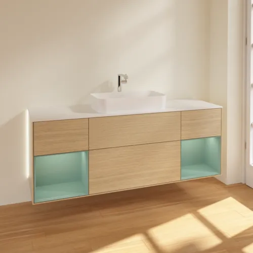 Bild von VILLEROY BOCH Finion Waschbeckenunterschrank, mit Beleuchtung, 4 Auszüge, 1600 x 603 x 501 mm, Oak Veneer / Olive Matt Lacquer / Glass White Matt #G331GMPC