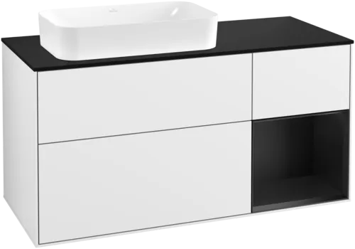 Picture of VILLEROY BOCH Finion Vanity unit, with lighting, 3 pull-out compartments, 1200 x 603 x 501 mm, Glossy White Lacquer / Black Matt Lacquer / Glass Black Matt #G282PDGF