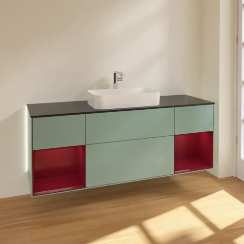 Bild von VILLEROY BOCH Finion Waschbeckenunterschrank, mit Beleuchtung, 4 Auszüge, 1600 x 603 x 501 mm, Olive Matt Lacquer / Peony Matt Lacquer / Glass Black Matt #G332HBGM