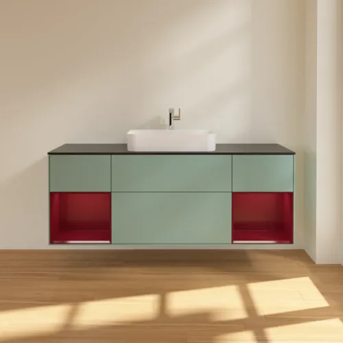 Bild von VILLEROY BOCH Finion Waschbeckenunterschrank, mit Beleuchtung, 4 Auszüge, 1600 x 603 x 501 mm, Olive Matt Lacquer / Peony Matt Lacquer / Glass Black Matt #G332HBGM