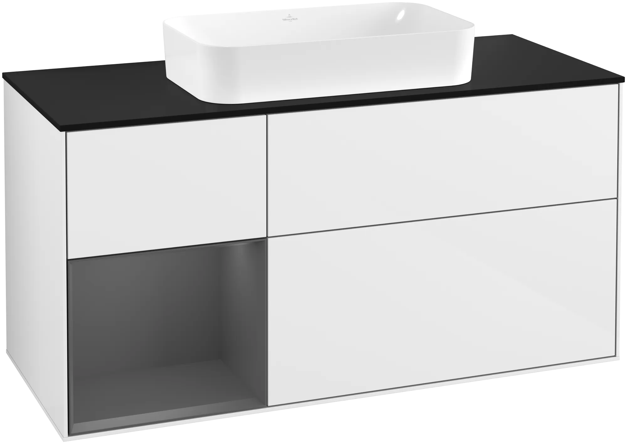 Picture of VILLEROY BOCH Finion Vanity unit, with lighting, 3 pull-out compartments, 1200 x 603 x 501 mm, Glossy White Lacquer / Anthracite Matt Lacquer / Glass Black Matt #G292GKGF