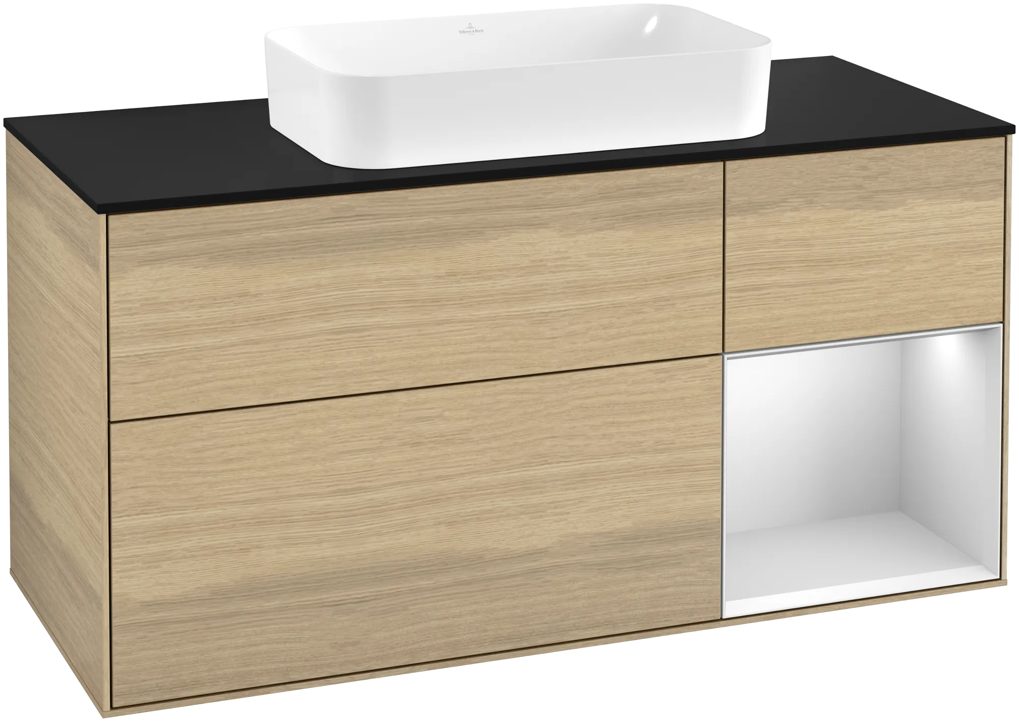 Picture of VILLEROY BOCH Finion Vanity unit, with lighting, 3 pull-out compartments, 1200 x 603 x 501 mm, Oak Veneer / White Matt Lacquer / Glass Black Matt #G302MTPC