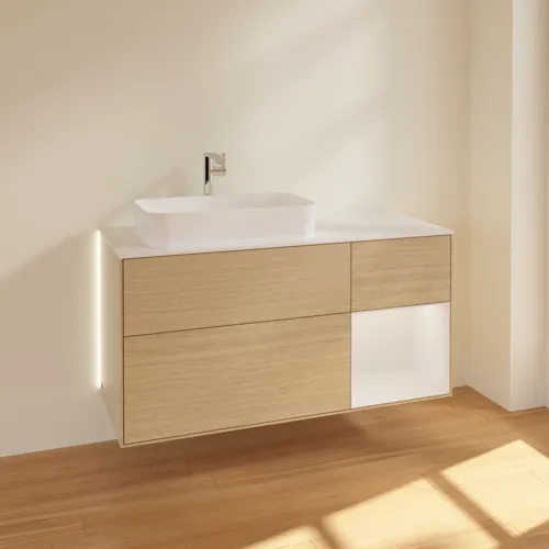 Bild von VILLEROY BOCH Finion Waschbeckenunterschrank, mit Beleuchtung, 3 Auszüge, 1200 x 603 x 501 mm, Oak Veneer / Glossy White Lacquer / Glass White Matt #G281GFPC