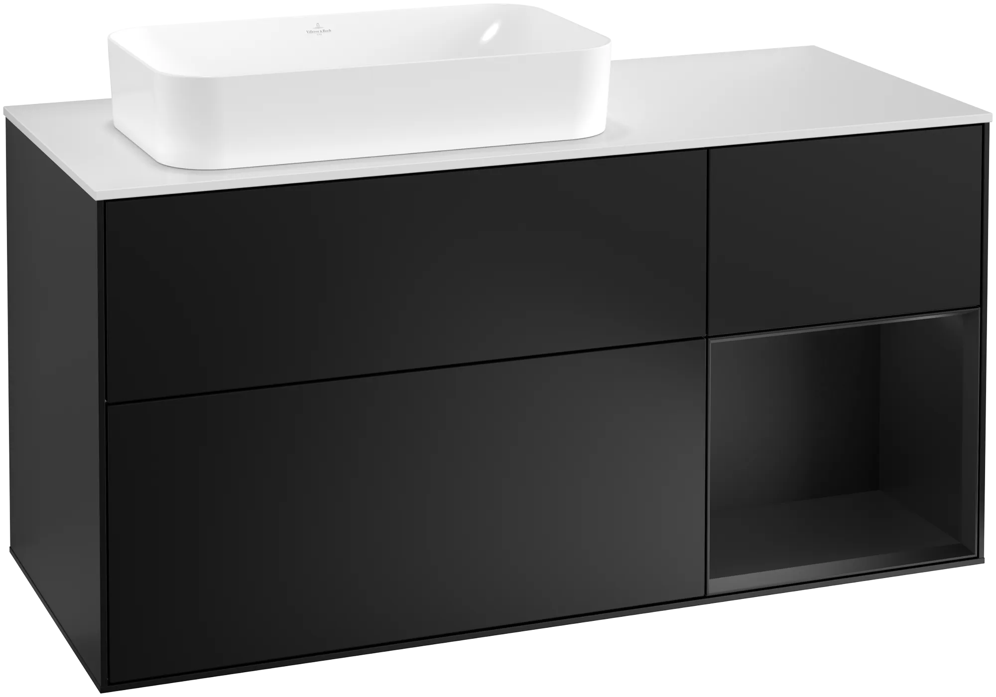 Picture of VILLEROY BOCH Finion Vanity unit, with lighting, 3 pull-out compartments, 1200 x 603 x 501 mm, Black Matt Lacquer / Black Matt Lacquer / Glass White Matt #G281PDPD