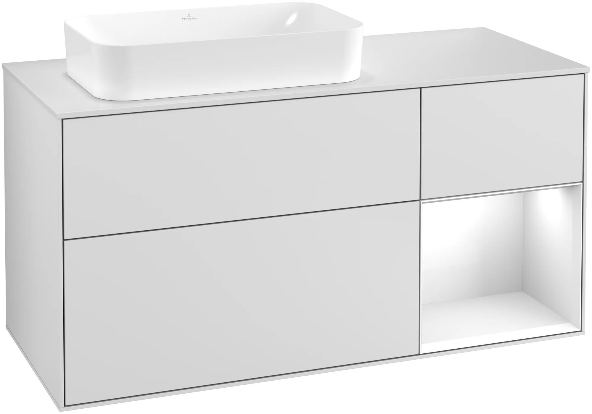 εικόνα του VILLEROY BOCH Finion Vanity unit, with lighting, 3 pull-out compartments, 1200 x 603 x 501 mm, White Matt Lacquer / Glossy White Lacquer / Glass White Matt #G281GFMT