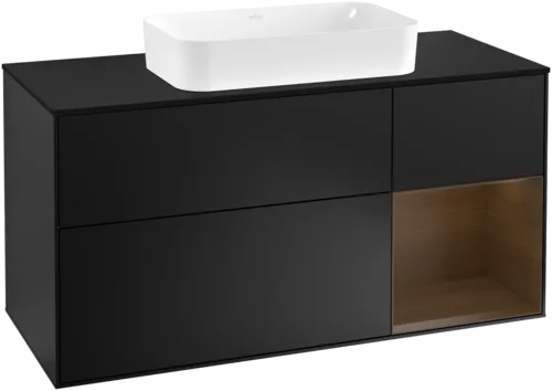 Picture of VILLEROY BOCH Finion Vanity unit, with lighting, 3 pull-out compartments, 1200 x 603 x 501 mm, Black Matt Lacquer / Walnut Veneer / Glass Black Matt #G302GNPD