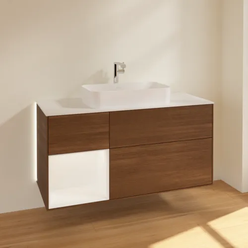 Bild von VILLEROY BOCH Finion Waschbeckenunterschrank, mit Beleuchtung, 3 Auszüge, 1200 x 603 x 501 mm, Walnut Veneer / White Matt Lacquer / Glass White Matt #G291MTGN