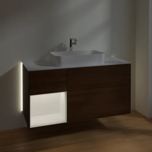 Bild von VILLEROY BOCH Finion Waschbeckenunterschrank, mit Beleuchtung, 3 Auszüge, 1200 x 603 x 501 mm, Walnut Veneer / White Matt Lacquer / Glass White Matt #G291MTGN