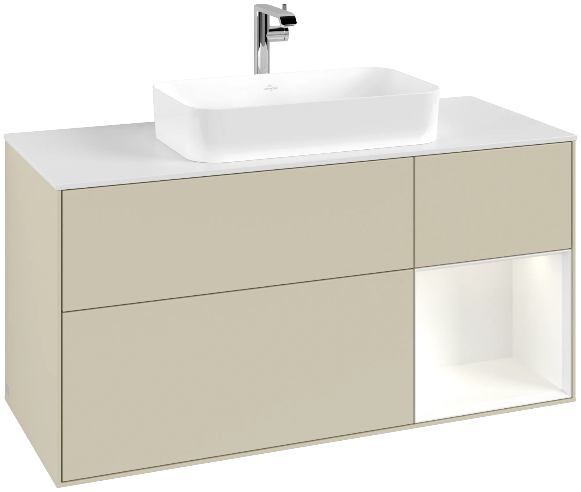 VILLEROY BOCH Finion Vanity unit, with lighting, 3 pull-out compartments, 1200 x 603 x 501 mm, Silk Grey Matt Lacquer / White Matt Lacquer / Glass White Matt #G301MTHJ resmi