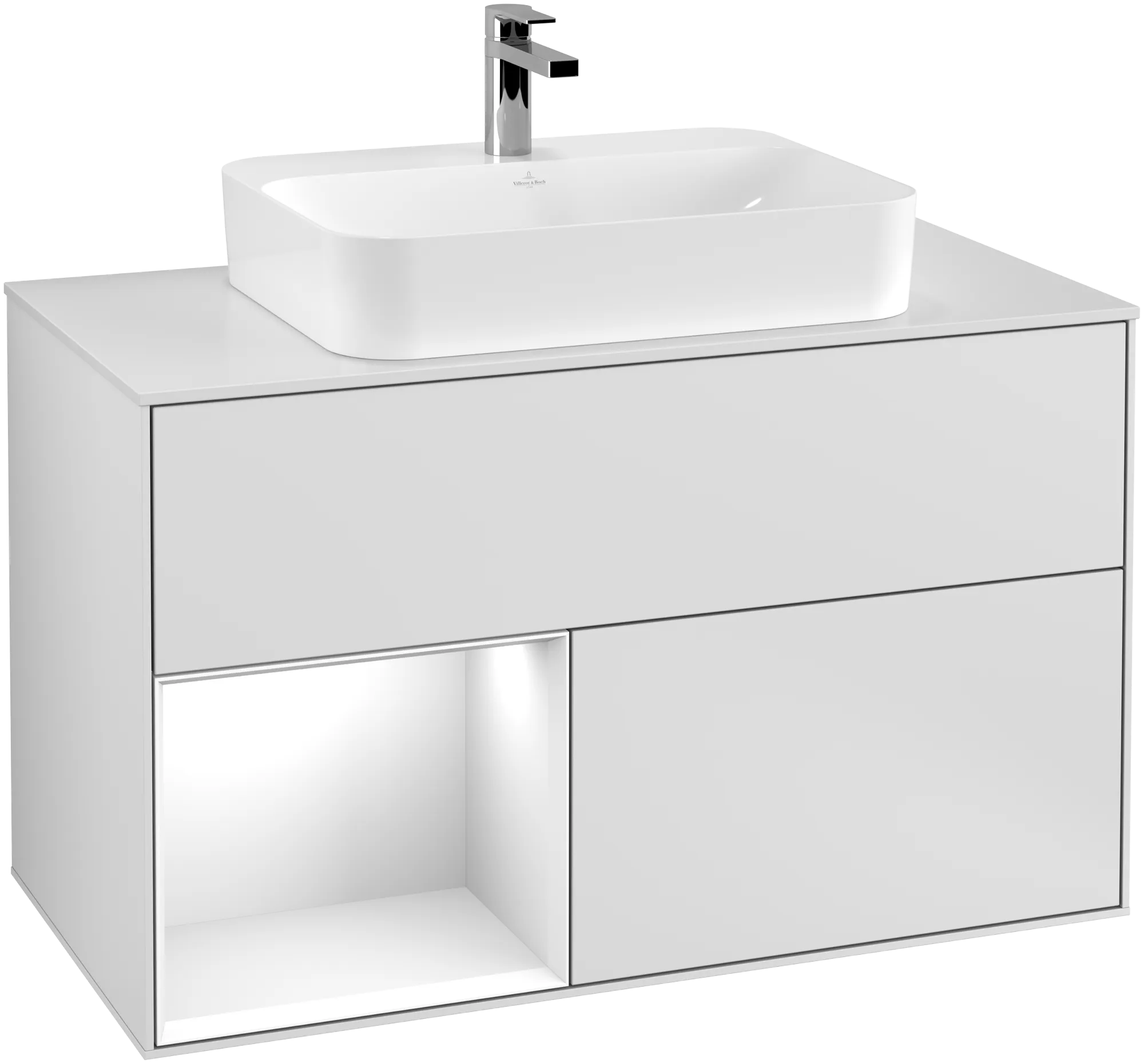 Зображення з  VILLEROY BOCH Finion Vanity unit, with lighting, 2 pull-out compartments, 1000 x 603 x 501 mm, White Matt Lacquer / Glossy White Lacquer / Glass White Matt #G361GFMT