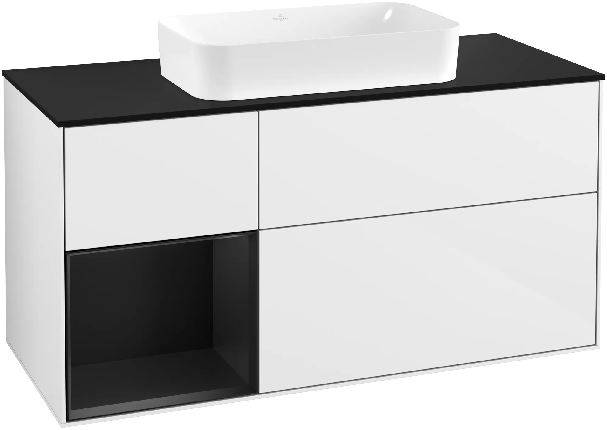 Picture of VILLEROY BOCH Finion Vanity unit, with lighting, 3 pull-out compartments, 1200 x 603 x 501 mm, Glossy White Lacquer / Black Matt Lacquer / Glass Black Matt #G292PDGF