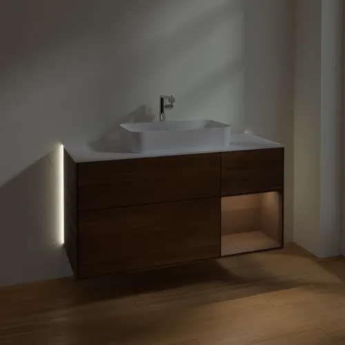 VILLEROY BOCH Finion Waschbeckenunterschrank, mit Beleuchtung, 3 Auszüge, 1200 x 603 x 501 mm, Walnut Veneer / Walnut Veneer / Glass White Matt #G301GNGN, Bild 3