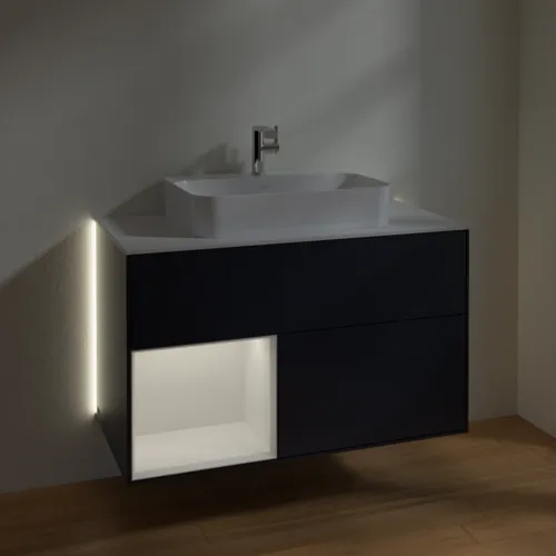 Bild von VILLEROY BOCH Finion Waschbeckenunterschrank, mit Beleuchtung, 2 Auszüge, 1000 x 603 x 501 mm, Midnight Blue Matt Lacquer / Glossy White Lacquer / Glass White Matt #G361GFHG