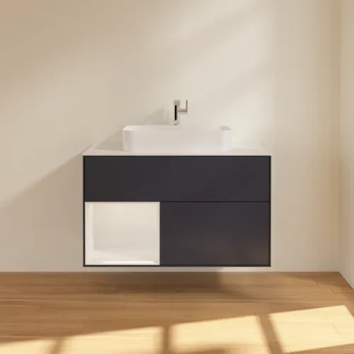 Bild von VILLEROY BOCH Finion Waschbeckenunterschrank, mit Beleuchtung, 2 Auszüge, 1000 x 603 x 501 mm, Midnight Blue Matt Lacquer / Glossy White Lacquer / Glass White Matt #G361GFHG