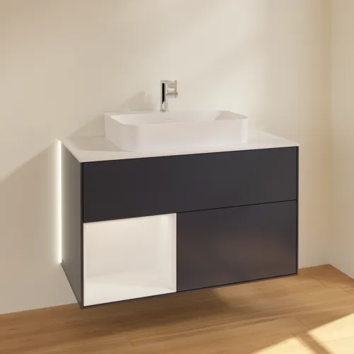 Bild von VILLEROY BOCH Finion Waschbeckenunterschrank, mit Beleuchtung, 2 Auszüge, 1000 x 603 x 501 mm, Midnight Blue Matt Lacquer / Glossy White Lacquer / Glass White Matt #G361GFHG
