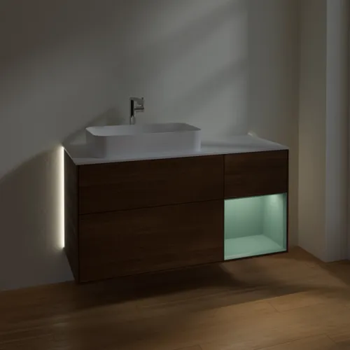 Bild von VILLEROY BOCH Finion Waschbeckenunterschrank, mit Beleuchtung, 3 Auszüge, 1200 x 603 x 501 mm, Walnut Veneer / Olive Matt Lacquer / Glass White Matt #G281GMGN