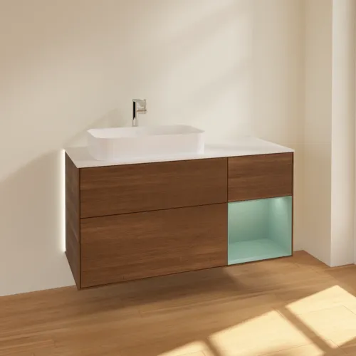 Bild von VILLEROY BOCH Finion Waschbeckenunterschrank, mit Beleuchtung, 3 Auszüge, 1200 x 603 x 501 mm, Walnut Veneer / Olive Matt Lacquer / Glass White Matt #G281GMGN