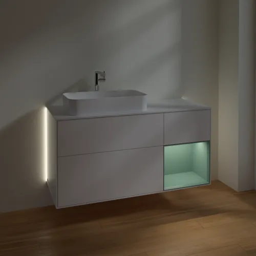 Obrázek VILLEROY BOCH Finion Vanity unit, with lighting, 3 pull-out compartments, 1200 x 603 x 501 mm, White Matt Lacquer / Olive Matt Lacquer / Glass White Matt #G281GMMT