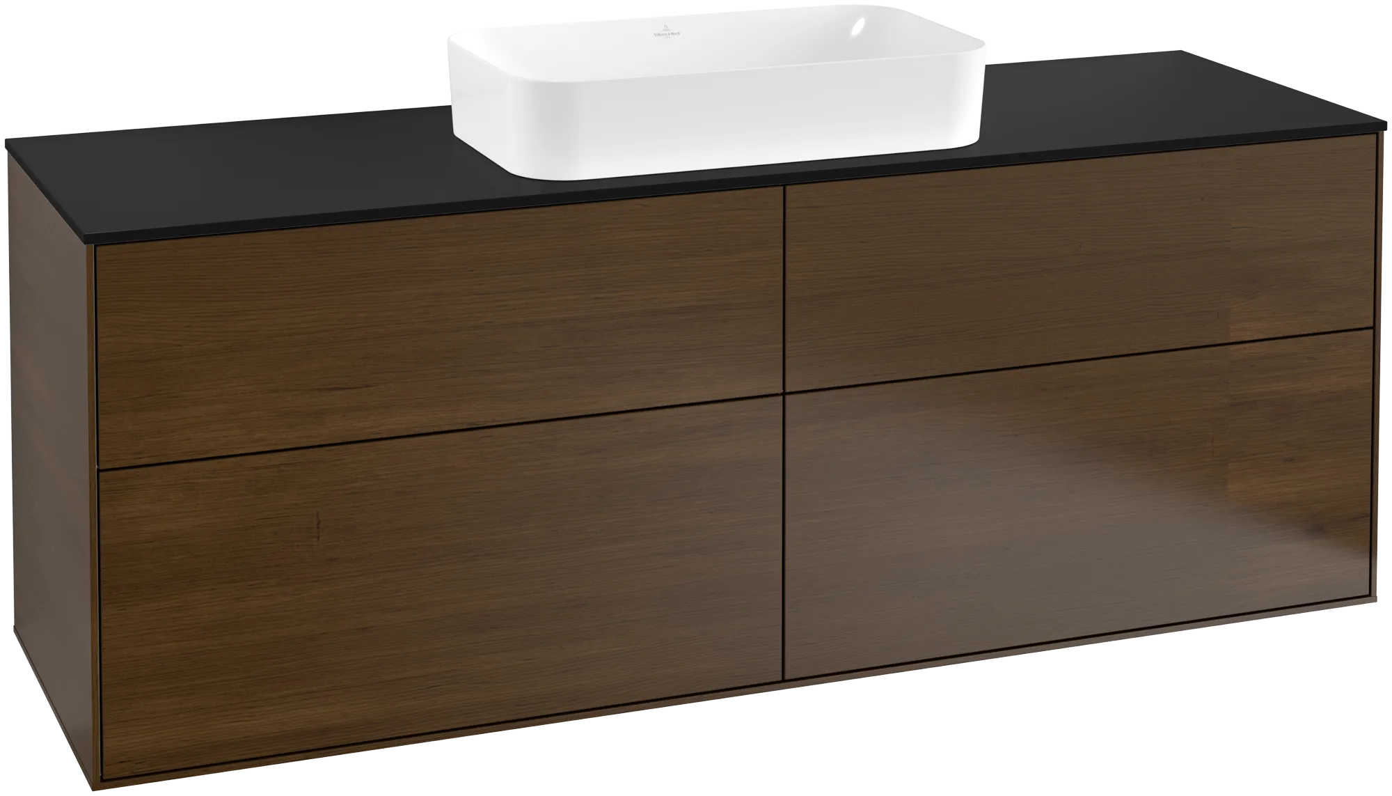 Picture of VILLEROY BOCH Finion Vanity unit, with lighting, 4 pull-out compartments, 1600 x 603 x 501 mm, Walnut Veneer / Glass Black Matt #G32200GN