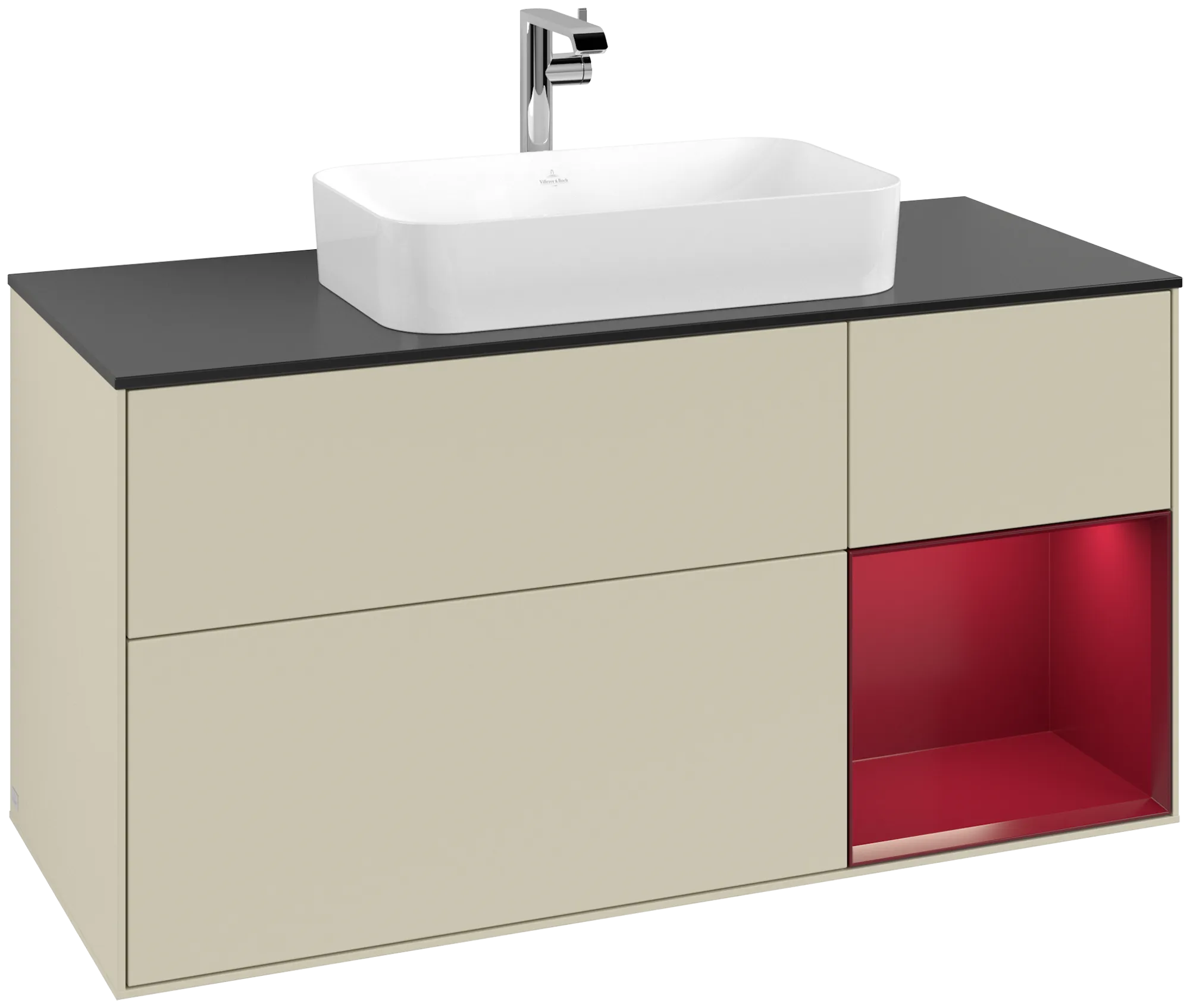 Picture of VILLEROY BOCH Finion Vanity unit, with lighting, 3 pull-out compartments, 1200 x 603 x 501 mm, Silk Grey Matt Lacquer / Peony Matt Lacquer / Glass Black Matt #G302HBHJ