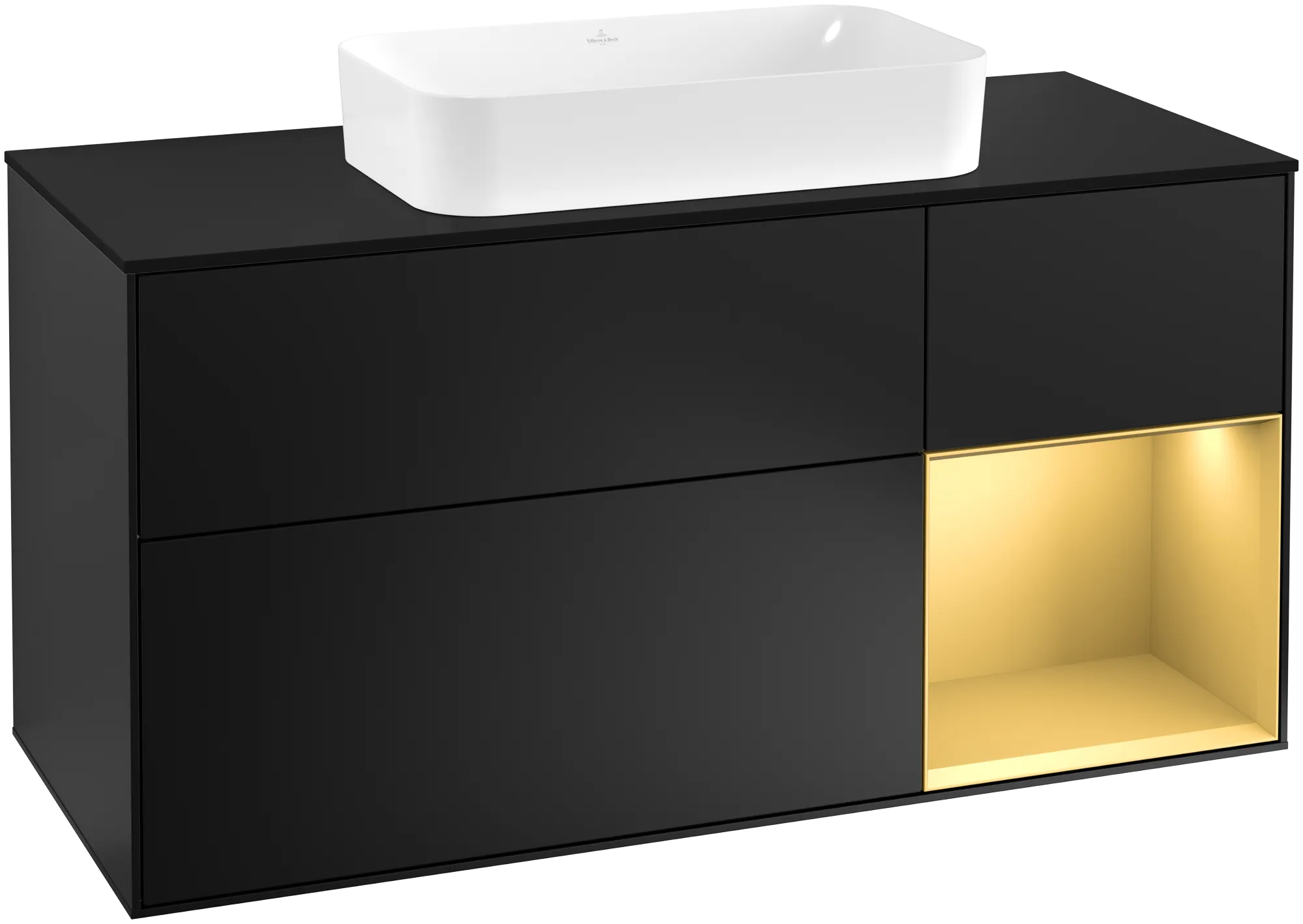 Picture of VILLEROY BOCH Finion Vanity unit, with lighting, 3 pull-out compartments, 1200 x 603 x 501 mm, Black Matt Lacquer / Gold Matt Lacquer / Glass Black Matt #G302HFPD
