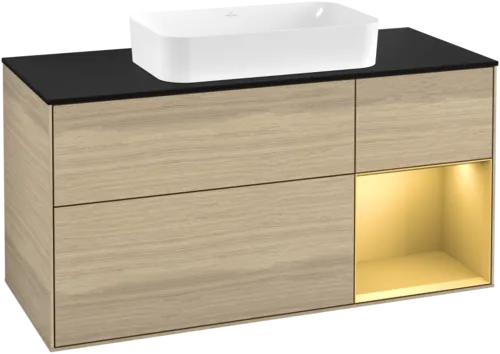 Picture of VILLEROY BOCH Finion Vanity unit, with lighting, 3 pull-out compartments, 1200 x 603 x 501 mm, Oak Veneer / Gold Matt Lacquer / Glass Black Matt #G302HFPC