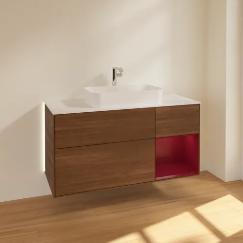 Bild von VILLEROY BOCH Finion Waschbeckenunterschrank, mit Beleuchtung, 3 Auszüge, 1200 x 603 x 501 mm, Walnut Veneer / Peony Matt Lacquer / Glass White Matt #G301HBGN
